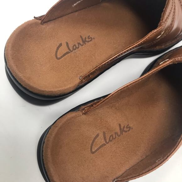 Clarks Brown Tan Leather Huarache Woven Comfort Slides Sandals shoes womens 6 - Picture 6 of 10